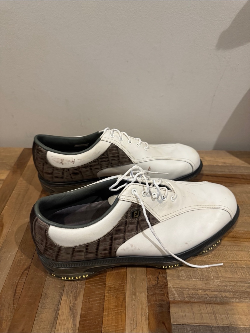 FootJoy White and Brown Croc-Accent Men's Golf Shoes